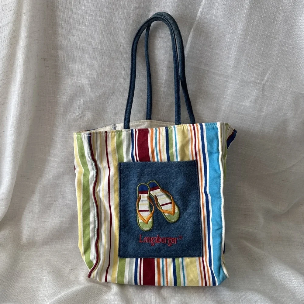 Longaberger Flip-Flop Striped Fabric Bag Beach Vacation Summer Handle Vintage